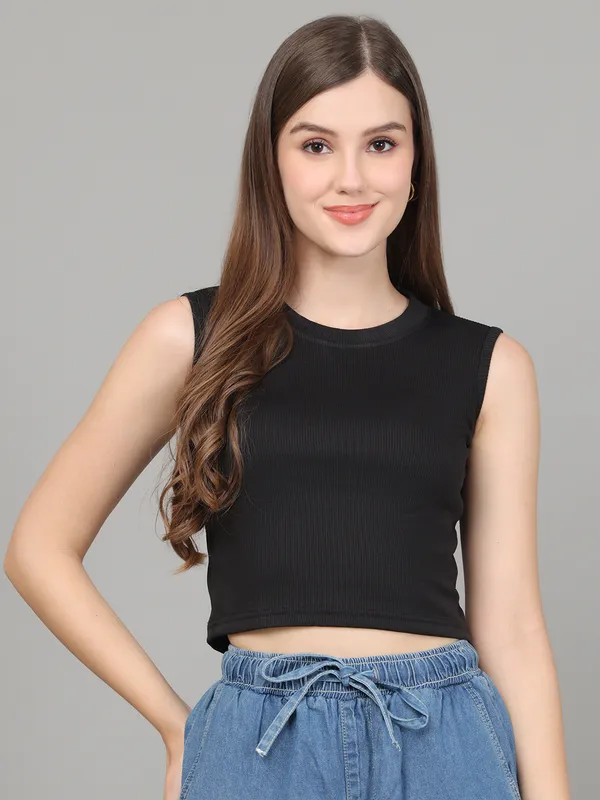 Women_Lifestyles_cotton_Rib_Sleeveless_Black_Crop_Tops