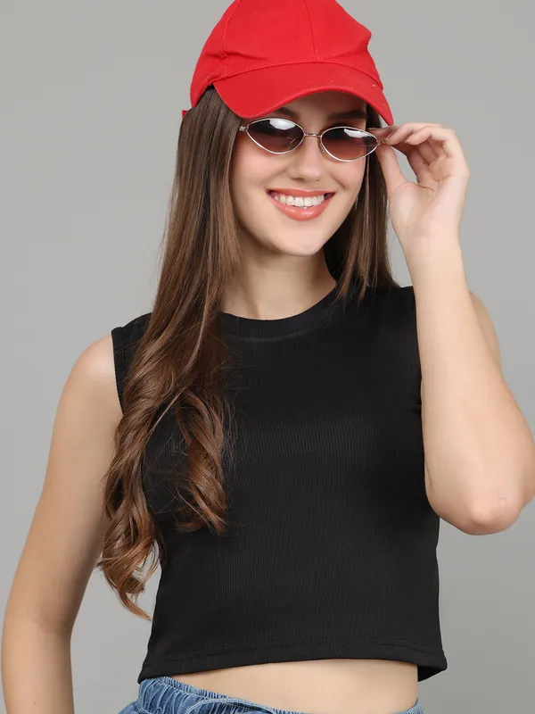 Women_Lifestyles_cotton_Rib_Sleeveless_Black_Crop_Tops