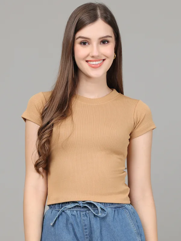 Women_Lifestyles_cotton_Rib_half_sleeve_Beige_Crop_Tops