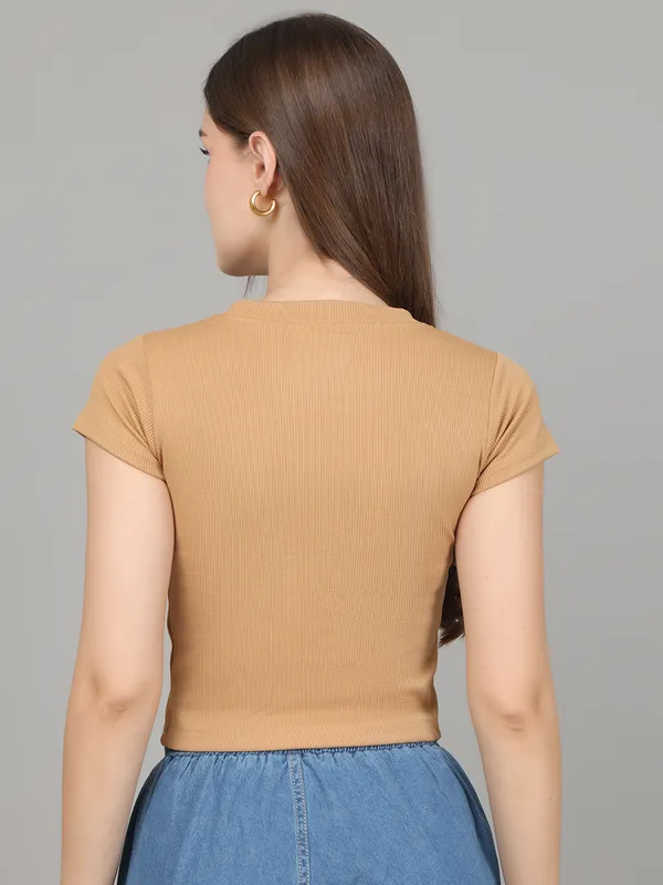 Women_Lifestyles_cotton_Rib_half_sleeve_Beige_Crop_Tops