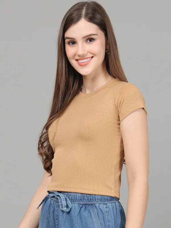 Women_Lifestyles_cotton_Rib_half_sleeve_Beige_Crop_Tops