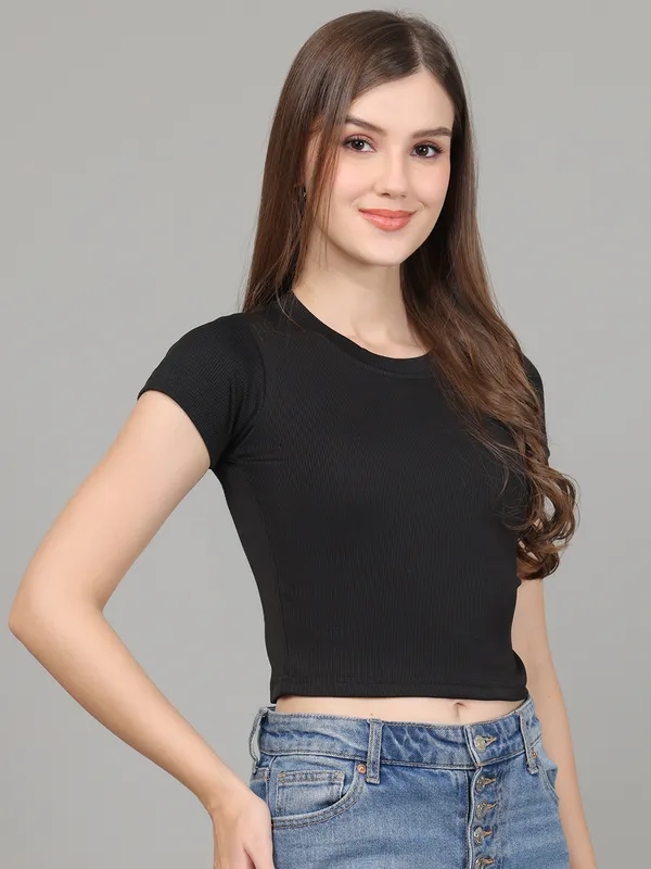Women_Lifestyles_cotton_Rib_half_sleeve_Black_Crop_Tops