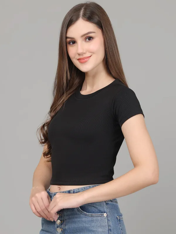 Women_Lifestyles_cotton_Rib_half_sleeve_Black_Crop_Tops