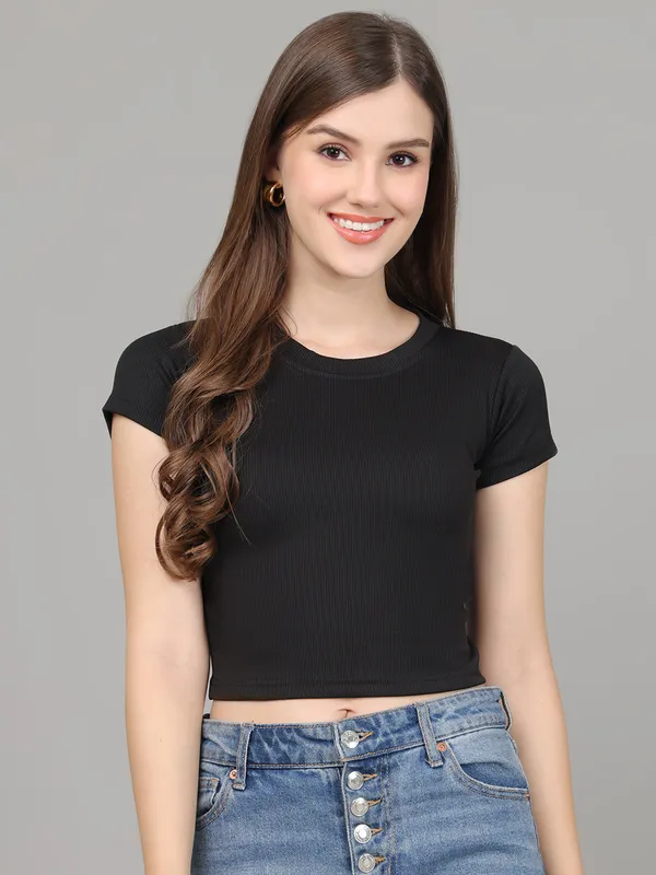 Women_Lifestyles_cotton_Rib_half_sleeve_Black_Crop_Tops