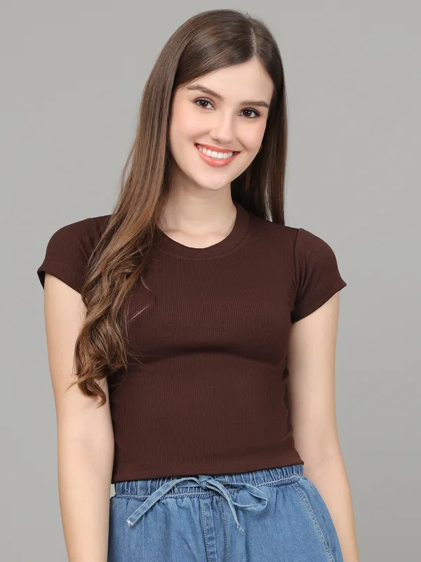 Women_Lifestyles_cotton_Rib_half_sleeve_Brown_Crop_Tops