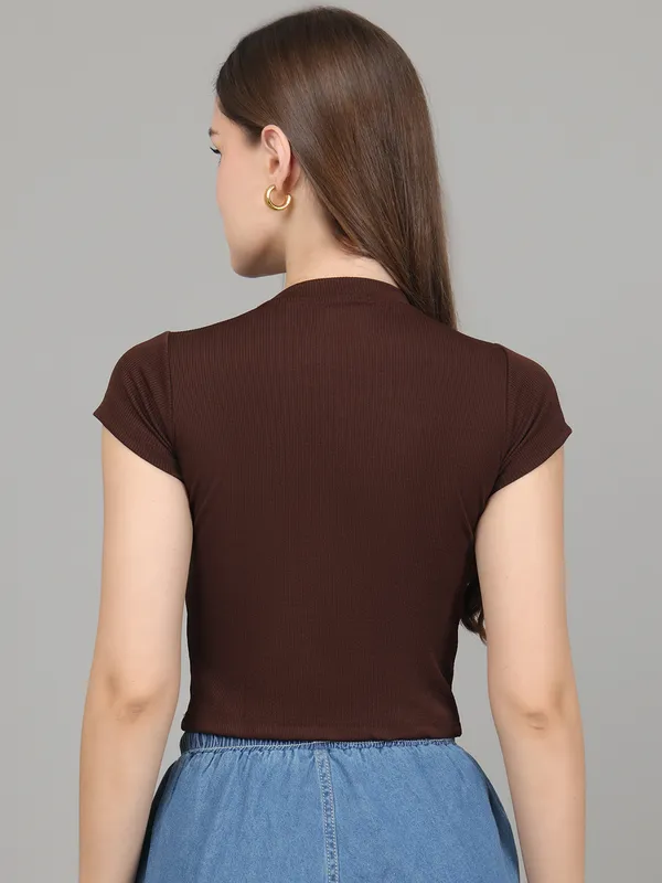 Women_Lifestyles_cotton_Rib_half_sleeve_Brown_Crop_Tops
