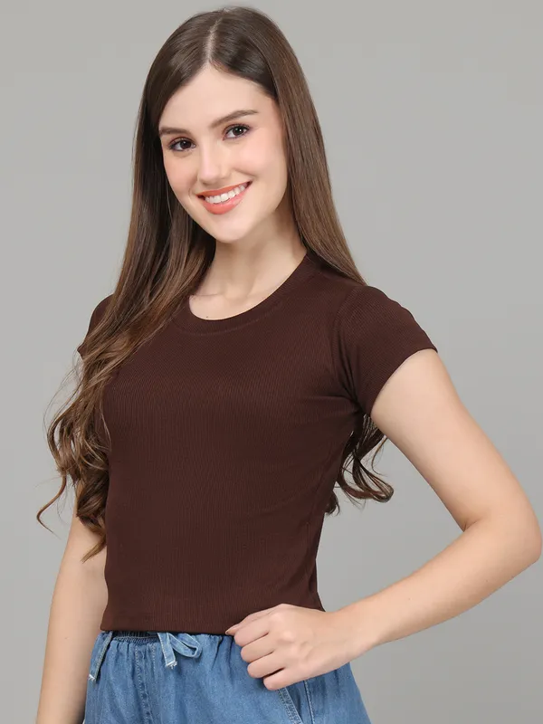 Women_Lifestyles_cotton_Rib_half_sleeve_Brown_Crop_Tops
