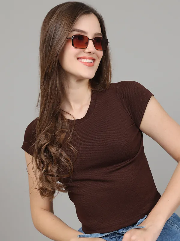Women_Lifestyles_cotton_Rib_half_sleeve_Brown_Crop_Tops