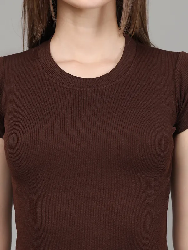 Women_Lifestyles_cotton_Rib_half_sleeve_Brown_Crop_Tops