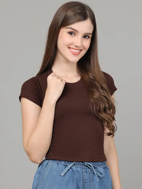 Women_Lifestyles_cotton_Rib_half_sleeve_Brown_Crop_Tops
