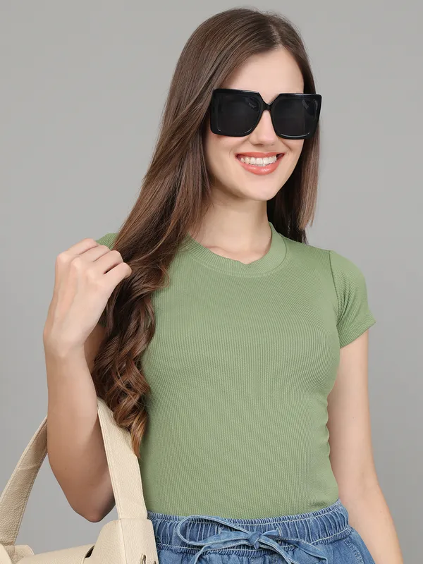 Women_Lifestyles_cotton_Rib_half_sleeve_Green_Crop_Tops