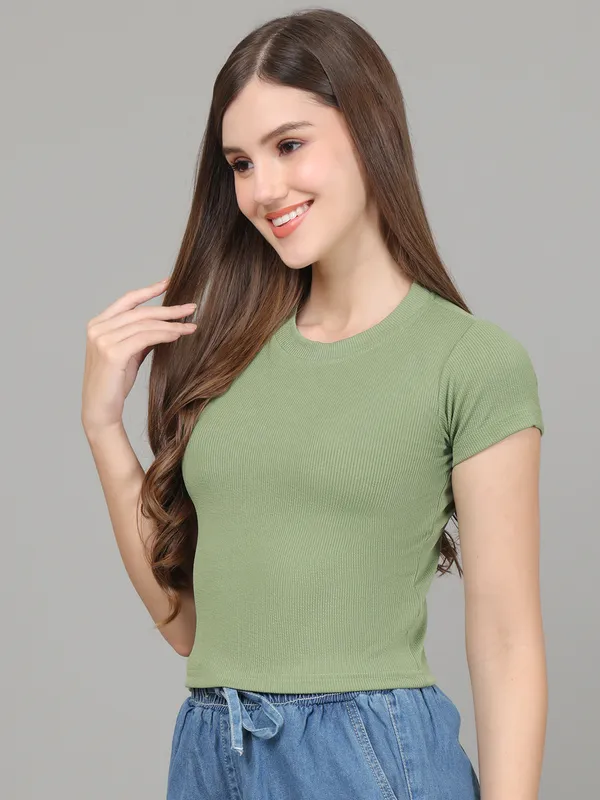 Women_Lifestyles_cotton_Rib_half_sleeve_Green_Crop_Tops