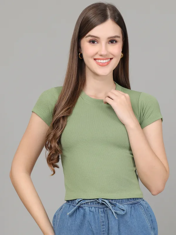Women_Lifestyles_cotton_Rib_half_sleeve_Green_Crop_Tops