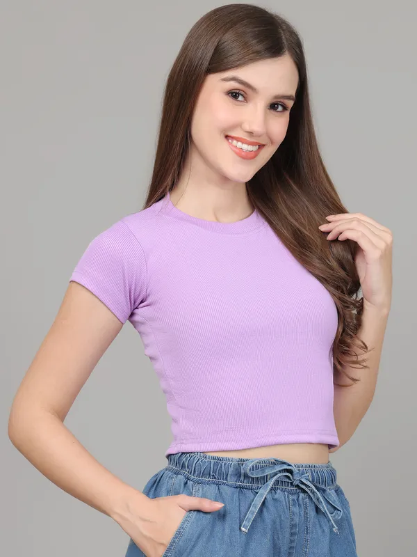 Women_Lifestyles_cotton_Rib_half_sleeve_Purple_Crop_Tops