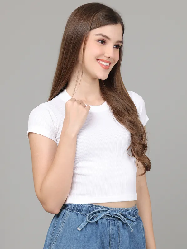 Women_Lifestyles_cotton_Rib_half_sleeve_White_Crop_Tops