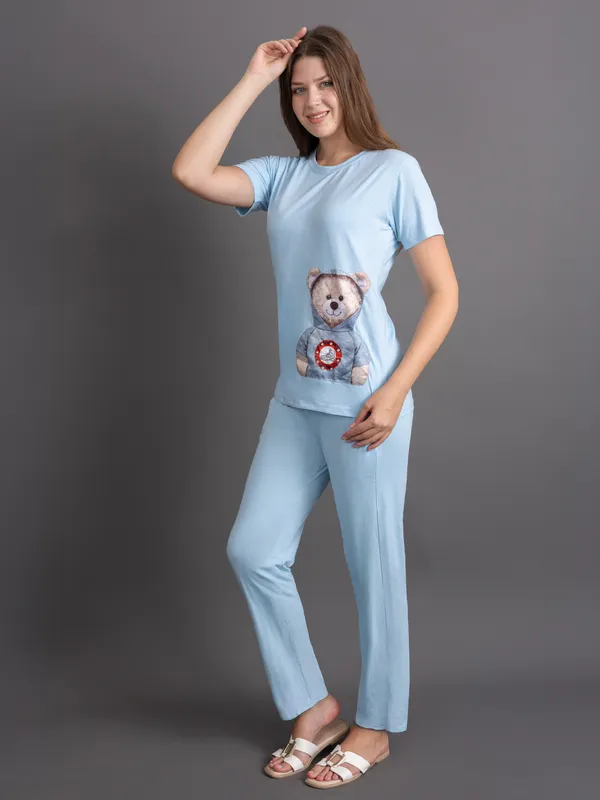 Turquoise_Blue_100%_Cotton_Lycra_Bio_Wash_Co-Ord_Set_For_Women