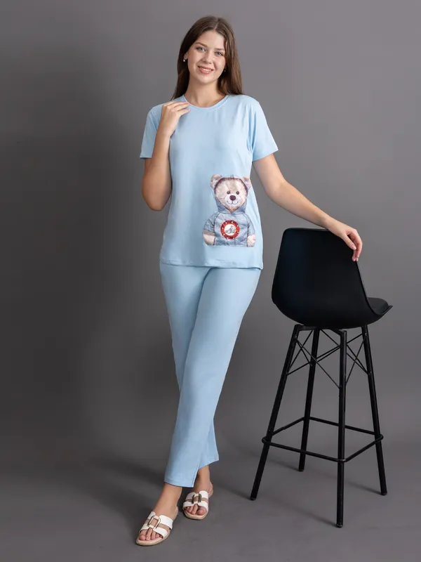 Turquoise_Blue_100%_Cotton_Lycra_Bio_Wash_Co-Ord_Set_For_Women