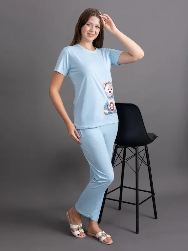 Turquoise_Blue_100%_Cotton_Lycra_Bio_Wash_Co-Ord_Set_For_Women