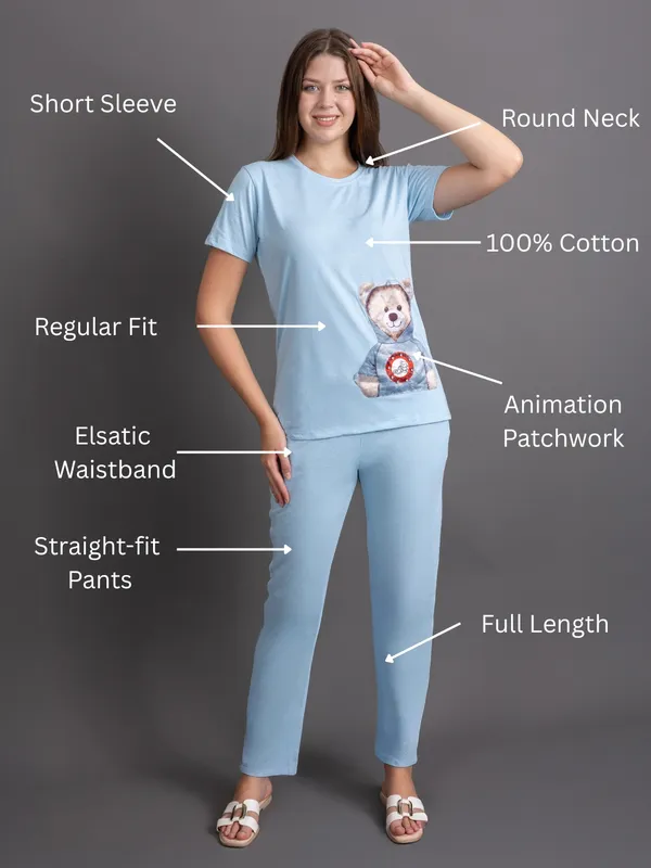Turquoise_Blue_100%_Cotton_Lycra_Bio_Wash_Co-Ord_Set_For_Women