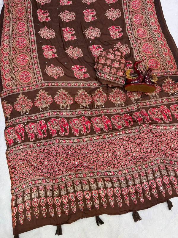 Coffee_Ajarakh_Print_Mirror_Work_Saree