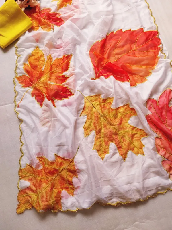 White_Leaf_Handwork_Designer_Saree
