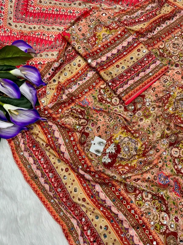 Peach_Ajarakh_Print_Mirror_Embroidered_Saree