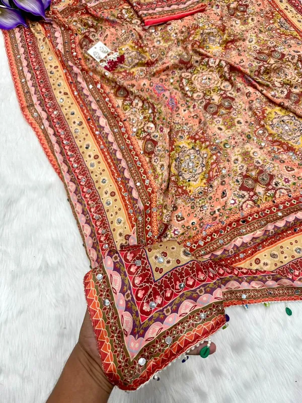 Peach_Ajarakh_Print_Mirror_Embroidered_Saree