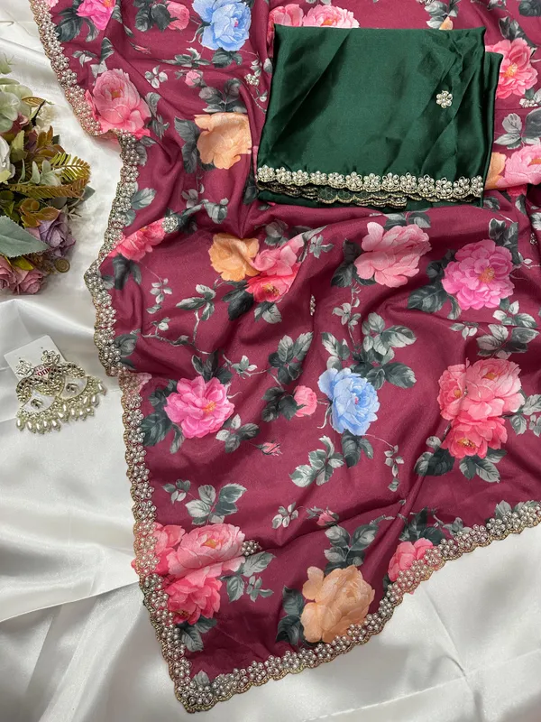 Maroon_Floral_Print_Embroidered_Saree