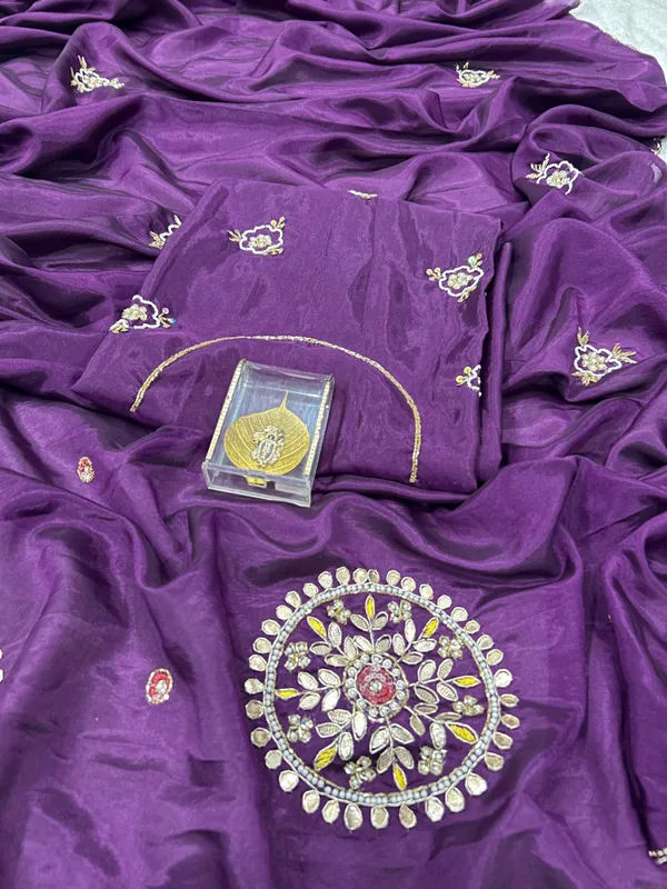 Wine_Satin_Silk_Handwork_Saree