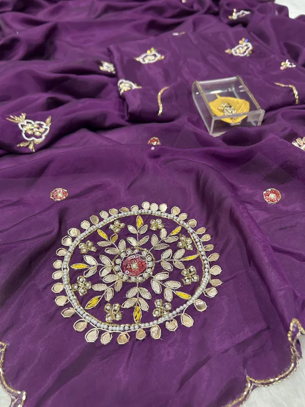 Wine_Satin_Silk_Handwork_Saree
