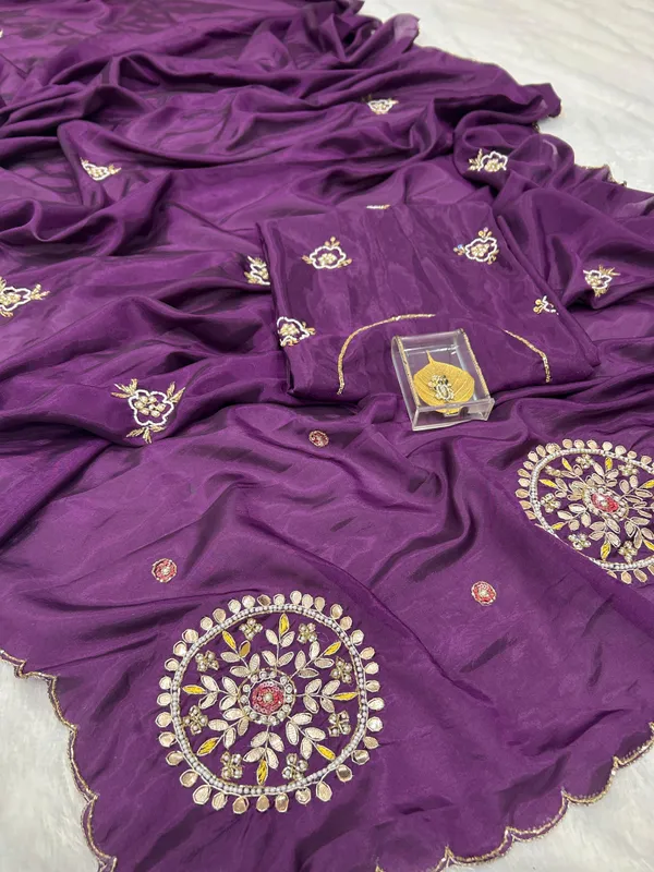 Wine_Satin_Silk_Handwork_Saree