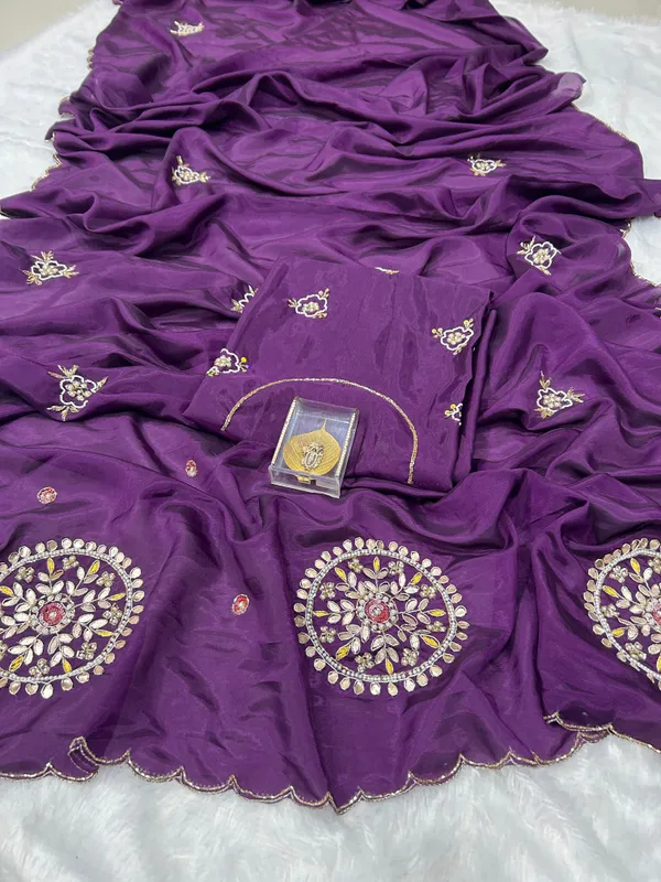 Wine_Satin_Silk_Handwork_Saree