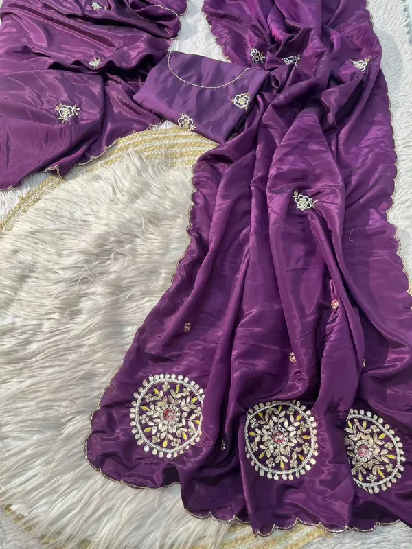 Wine_Satin_Silk_Handwork_Saree