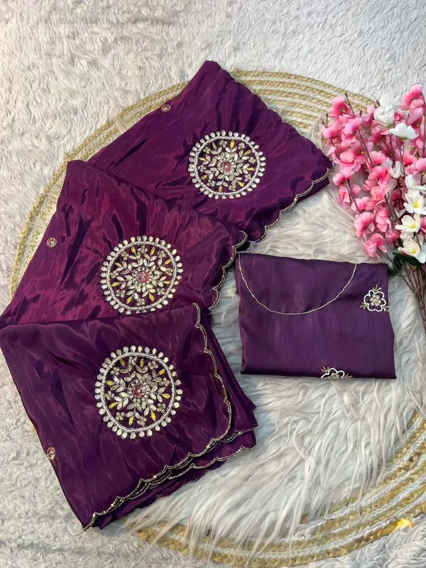 Wine_Satin_Silk_Handwork_Saree