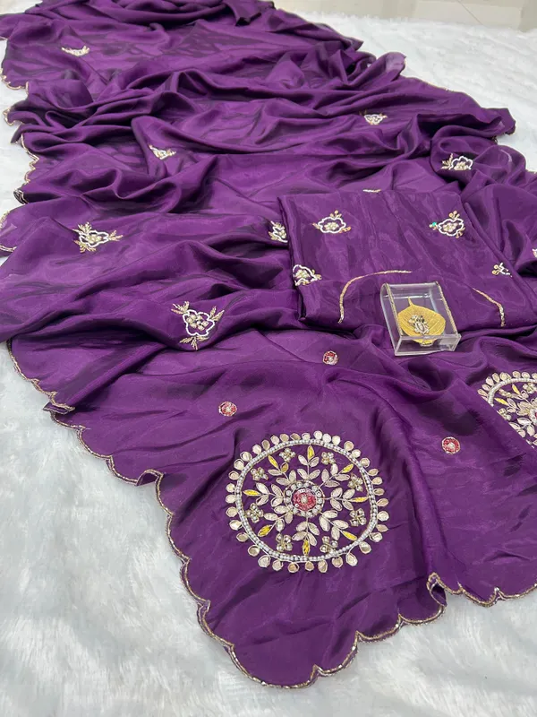 Wine_Satin_Silk_Handwork_Saree