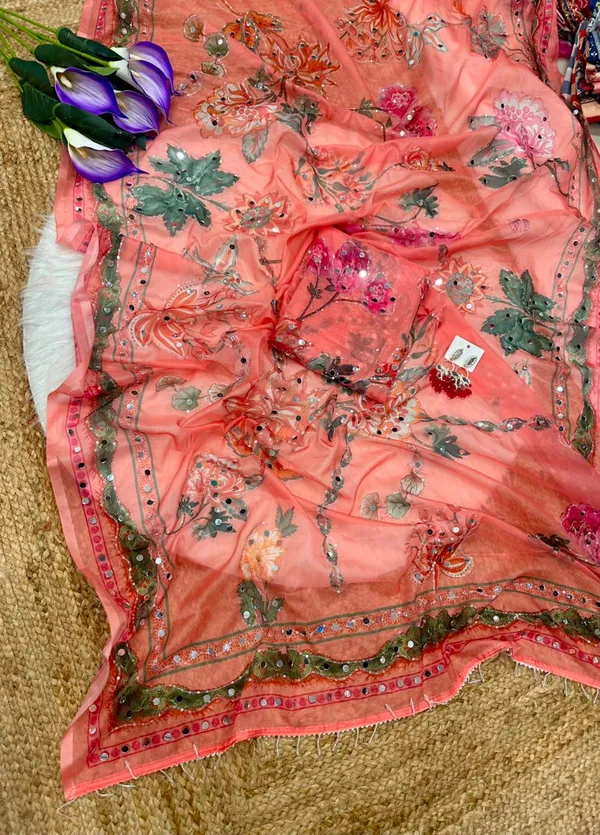 Peach_Mirror_Embroidered_Designer_Saree