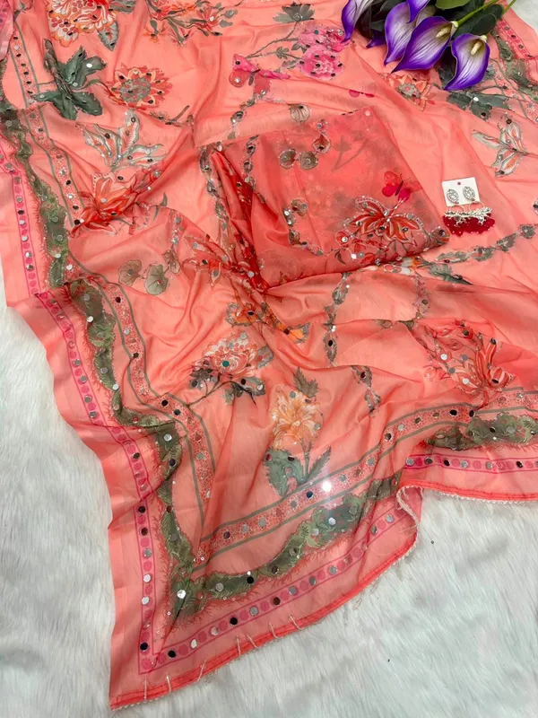 Peach_Mirror_Embroidered_Designer_Saree