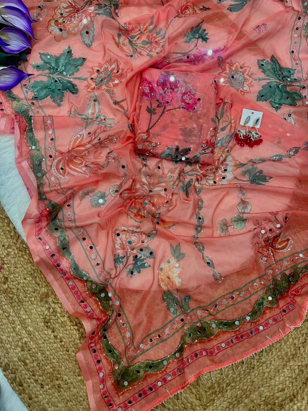 Peach_Mirror_Embroidered_Designer_Saree