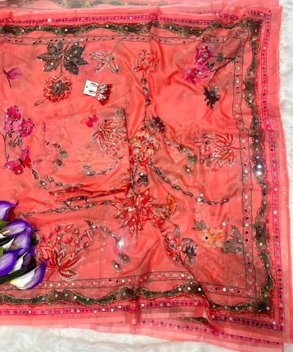 Peach_Mirror_Embroidered_Designer_Saree