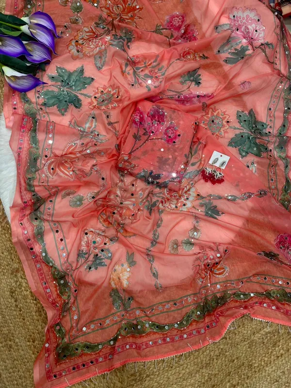 Peach_Mirror_Embroidered_Designer_Saree
