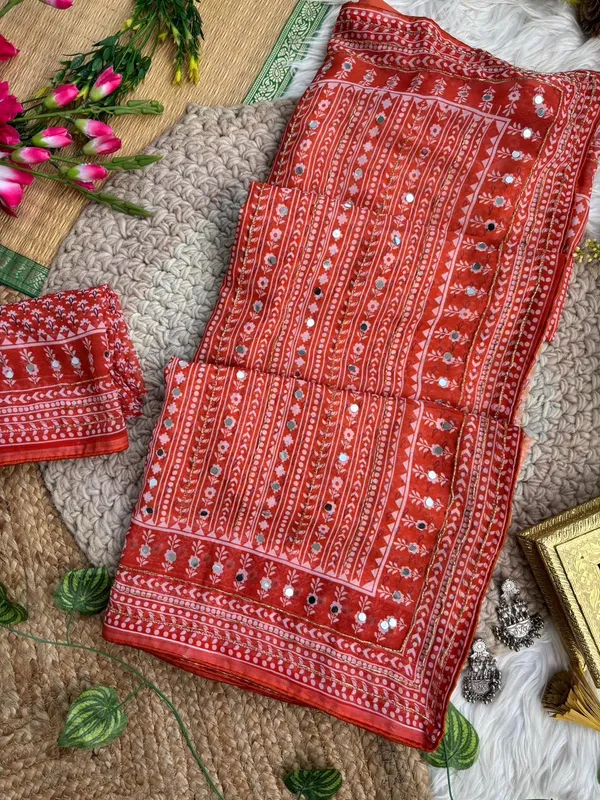 Orange_Printed_Hand_and_Mirror_Work_Saree