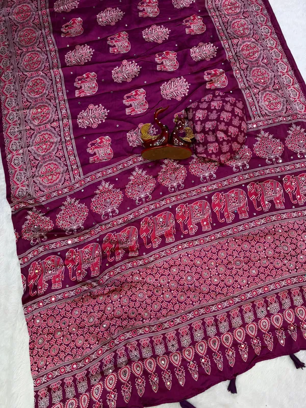 Wine_Ajarakh_Print_Mirror_Work_Saree