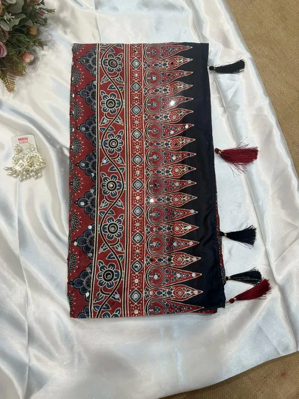 Maroon_Ajarakh_Print_Mirror_Work_Saree