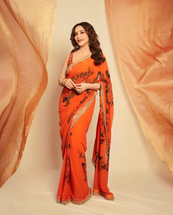 Orange_Floral_Print_Hand-Embroidered_Saree