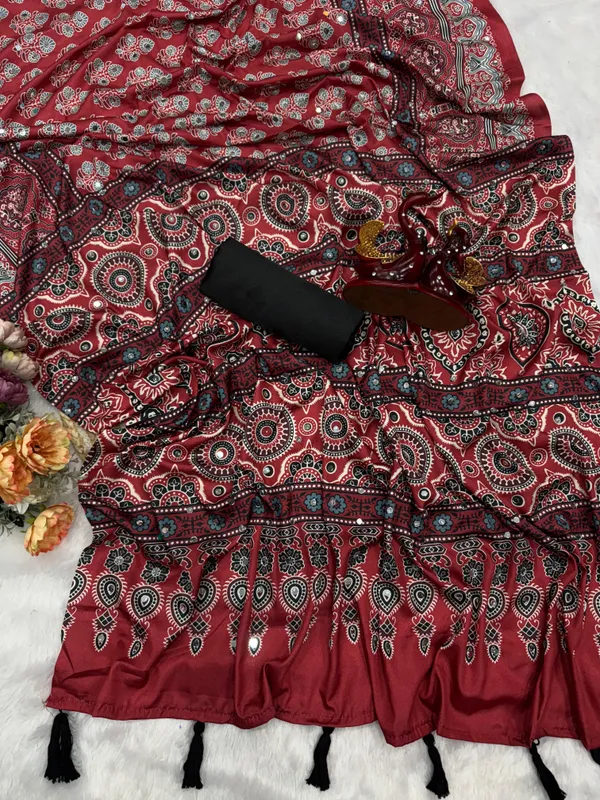 Maroon_Ajarakh_Print_Mirror_Embroidered_Saree