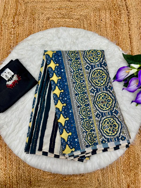 Cream_Lehriya_Print_Embroidered_Saree