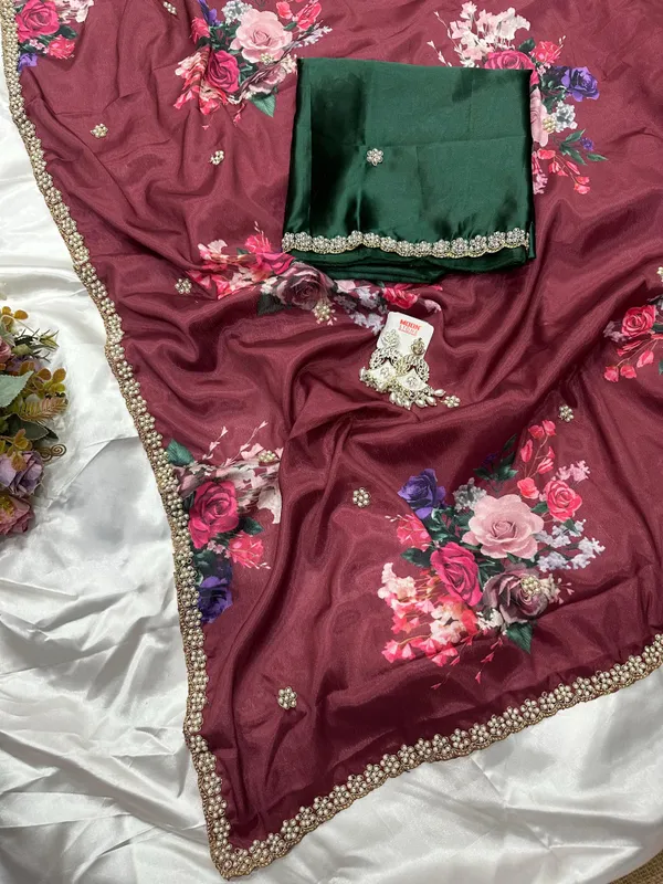 Maroon_Floral_Print_Embroidered_Saree