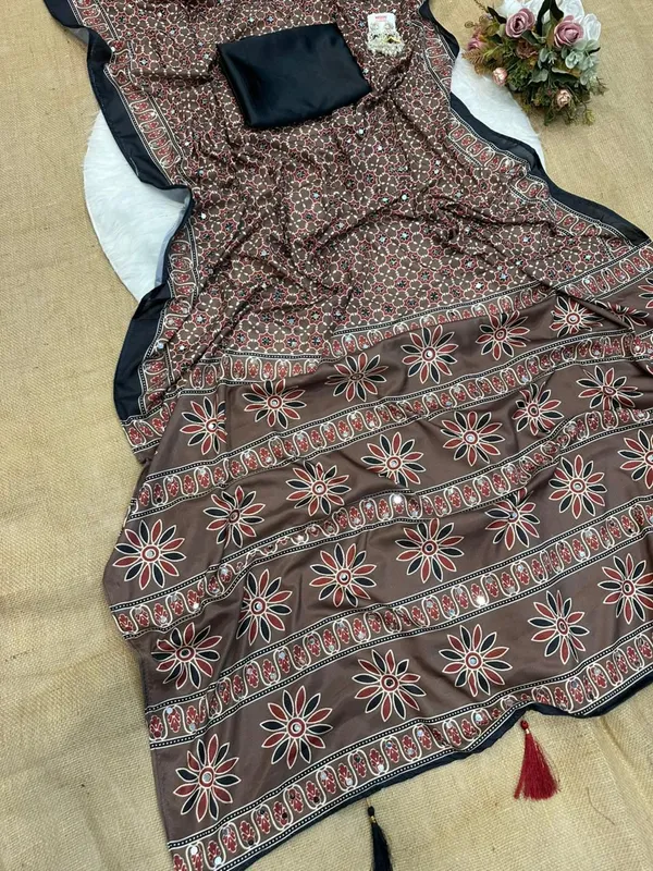 Coffee_Ajarakh_Print_Mirror_Work_Saree