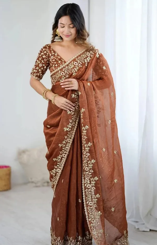 Brown_Satin_Chiffon_Silk_Designer_Saree