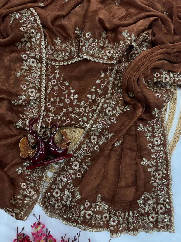 Brown_Satin_Chiffon_Silk_Designer_Saree